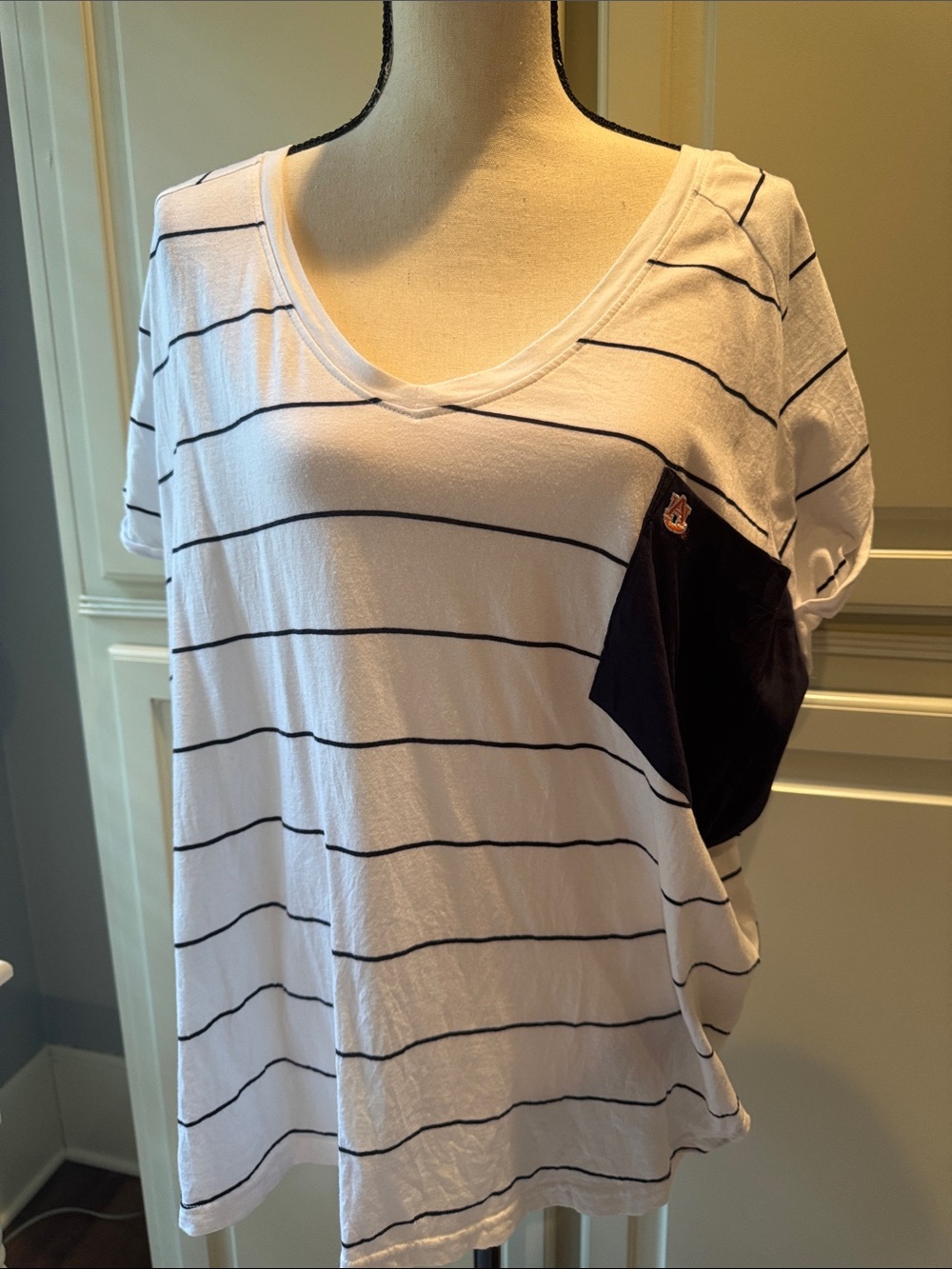 Women’s White Striped V-Neck Top with Navy Pocket
